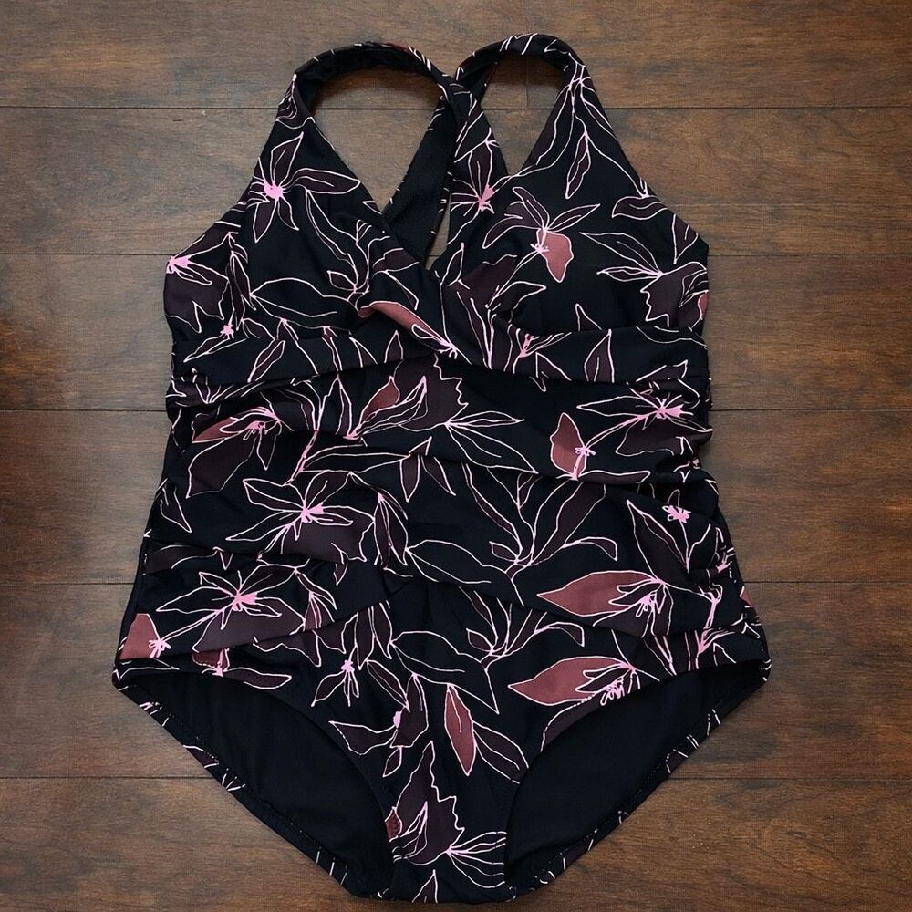 Eddie Bauer Halter One Piece Swimsuit Floral Black Women XXL Coastal Preppy
